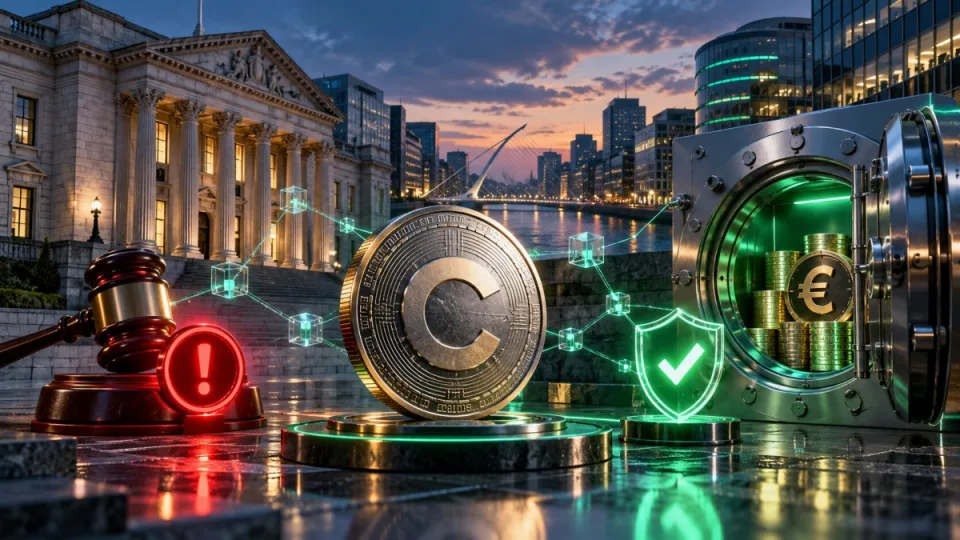 Conceptual illustration of crypto custody, Irish financial regulation and safeguarded euro funds.