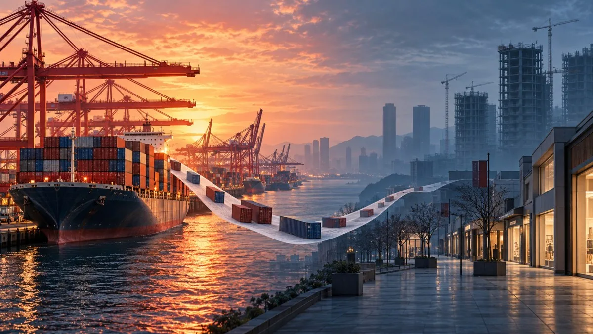 AI-generated conceptual illustration contrasting a busy export port with a quiet shopping street and unfinished buildings; not a photograph of a specific place.