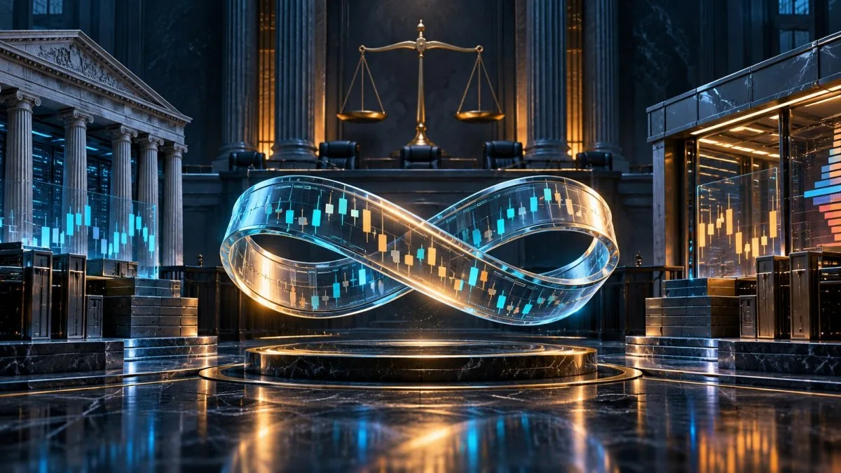 Conceptual illustration of an infinite market ribbon between regulated trading venues beneath courtroom scales