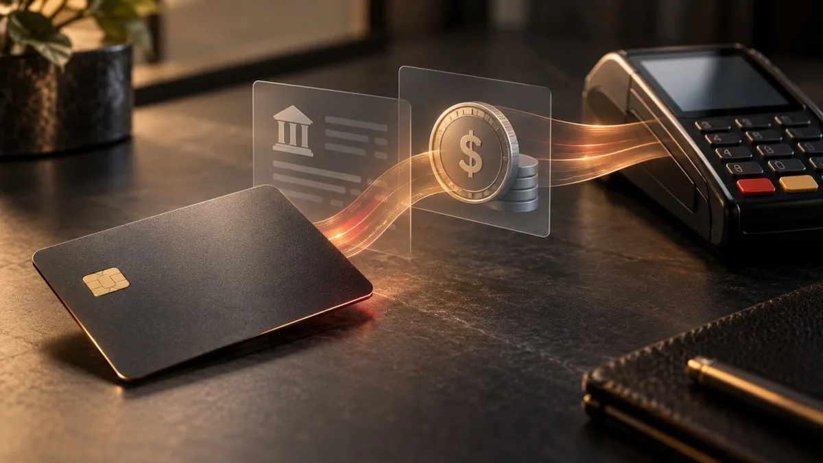AI-generated conceptual image of an unbranded payment card, digital dollar balance and card terminal illustrating connected payment rails