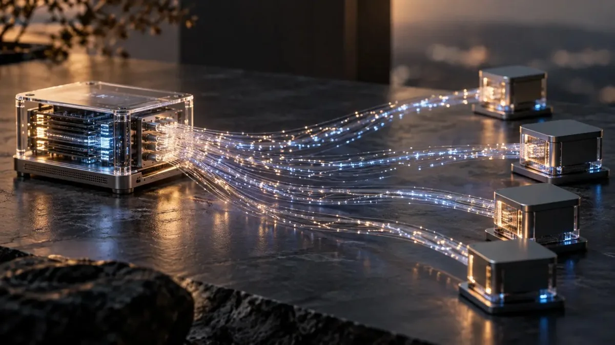 AI-generated conceptual illustration of tiny payment lights moving from a server through fiber-optic strands to data services; not a photograph of x402 transactions.