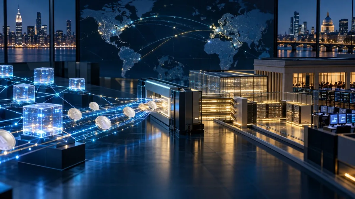 Conceptual brokerage settlement network linking blockchain rails with global equity-market infrastructure.