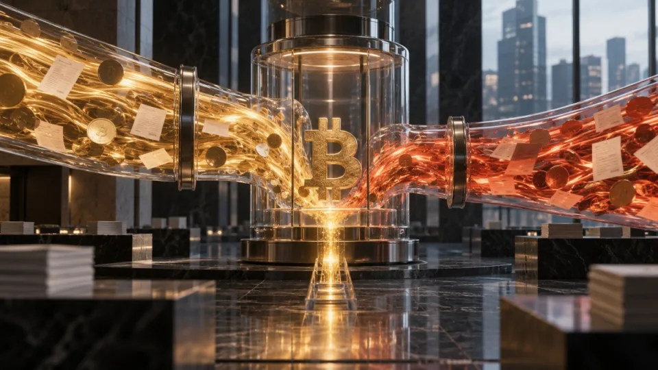 AI-generated conceptual illustration of gold and red institutional fund streams offsetting around a Bitcoin ETF balance.