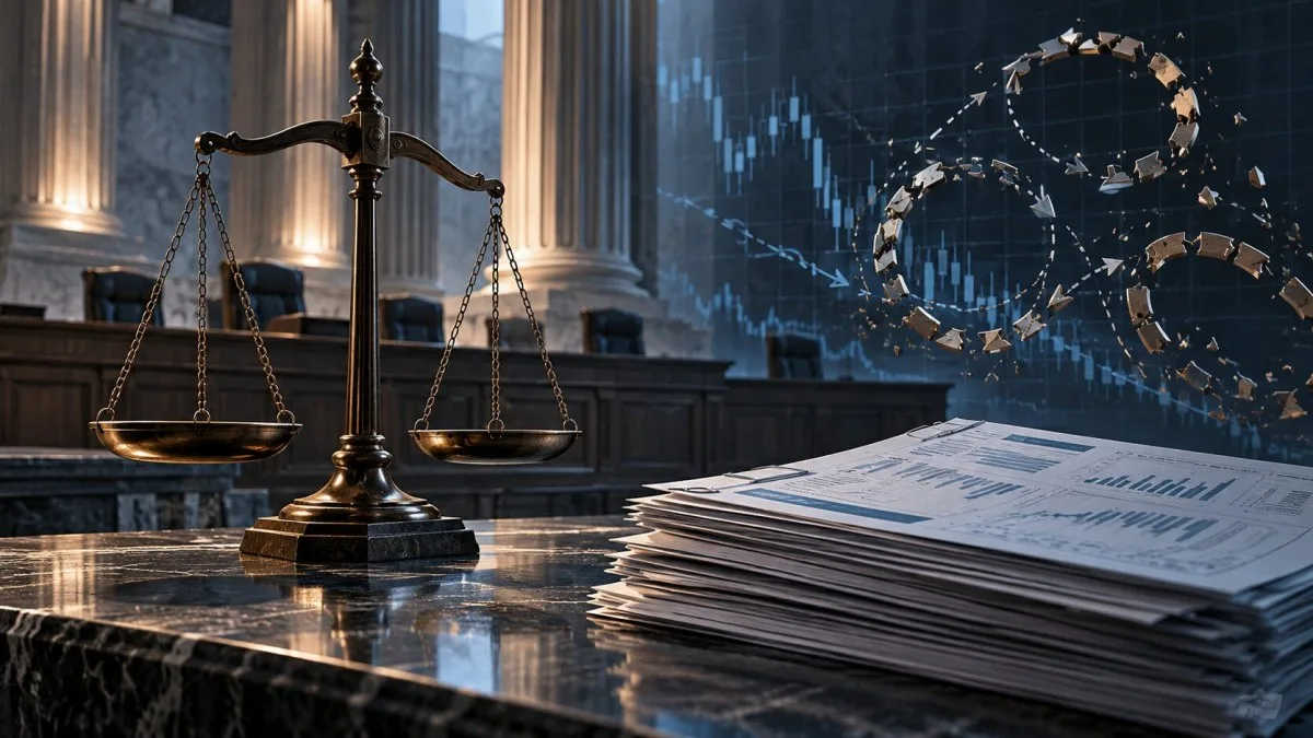 Conceptual illustration of courtroom scales, investor records and a broken digital trading loop.