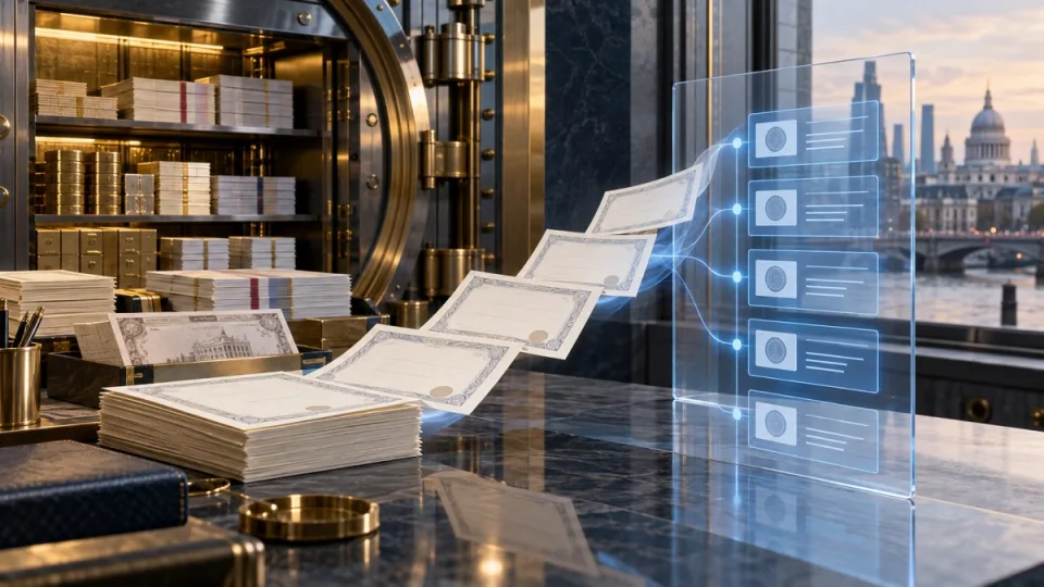 AI-generated conceptual illustration of blank sterling fund certificates becoming digital ledger records beside an institutional custody vault.