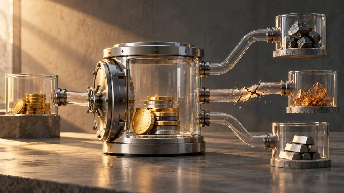AI-generated conceptual illustration of a glass lending vault connected to three collateral compartments, with one fragile connection representing risk.