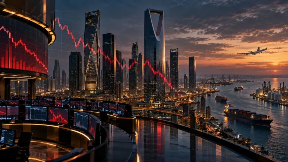Conceptual Gulf financial district with falling market charts, cargo shipping and aviation routes at dusk