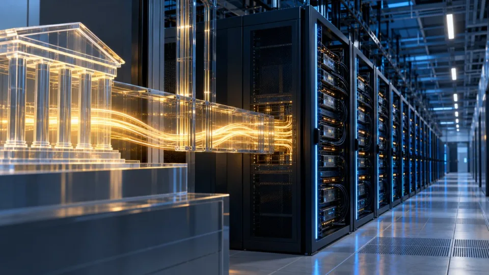 Conceptual editorial illustration of financing flowing through a transparent bank structure into rows of AI data-center servers.