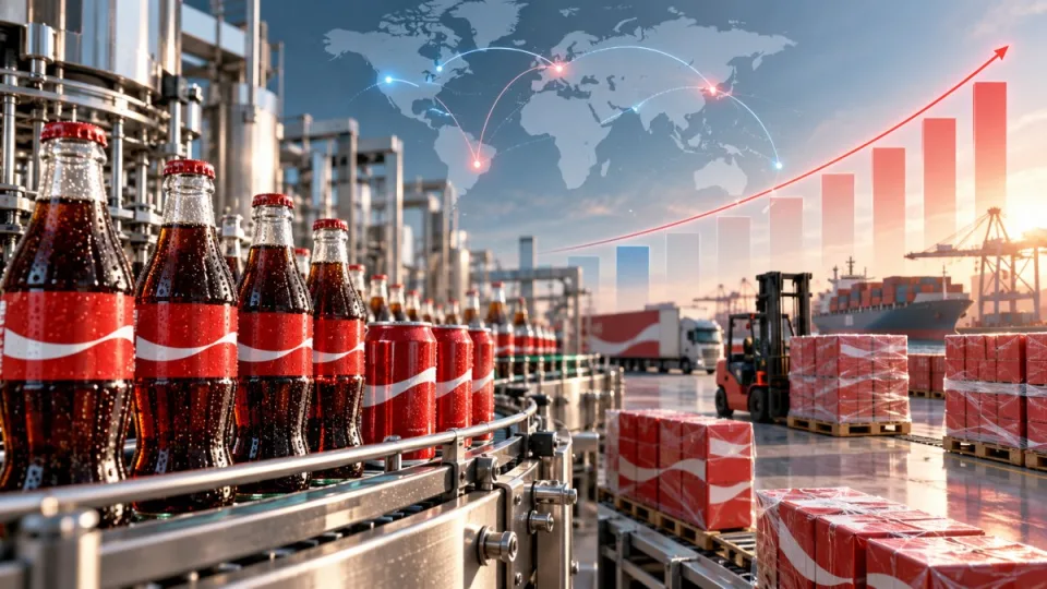 AI-generated conceptual image of a global beverage bottling and distribution network with a rising financial curve behind red-and-white bottles and cans.
