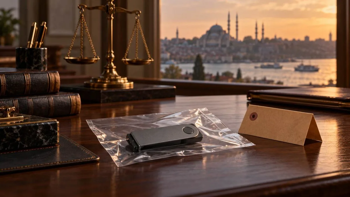 AI-generated conceptual illustration of an unbranded hardware wallet in an evidence sleeve on a legal desk overlooking Istanbul; not a photograph of the operation.