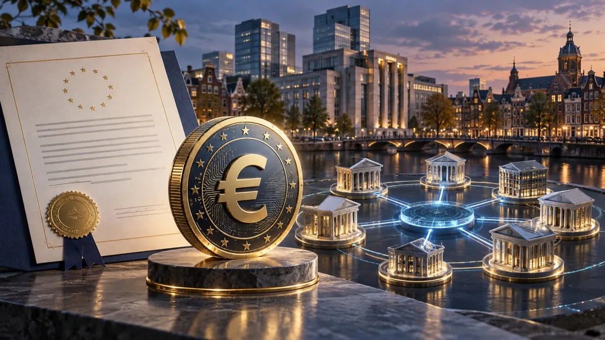 AI-generated conceptual illustration of a euro digital token, regulatory certificate and connected European banking network in Amsterdam.