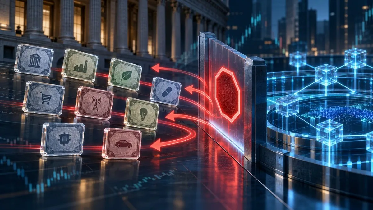 AI-generated conceptual image of corporate share certificates being redirected away from a blockchain trading venue by a regulatory barrier; it does not depict an operating market or any named company.