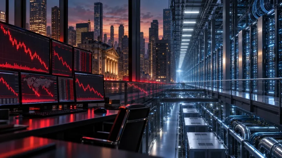 AI-generated conceptual illustration of falling U.S. technology stocks beside a vast data center, symbolizing concern over the cash cost of AI infrastructure.