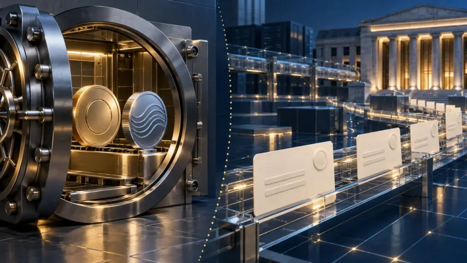 AI-generated conceptual illustration of two digital assets secured in an institutional vault beside a separate rail carrying blank receivable documents.