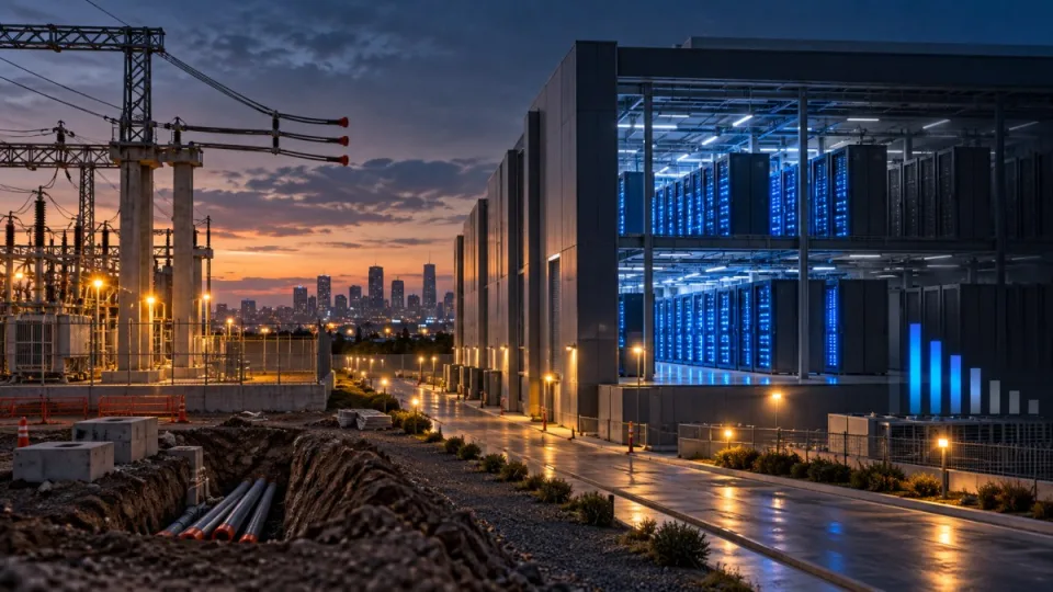 AI-generated conceptual illustration of a delayed electrical-grid connection beside a partially active Melbourne data centre.