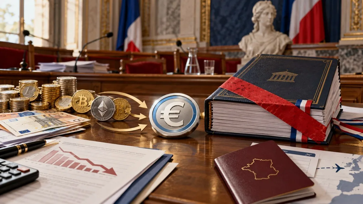 AI-generated illustration of French parliamentary documents, euro and stablecoin symbols beside a crossed-out budget ledger.