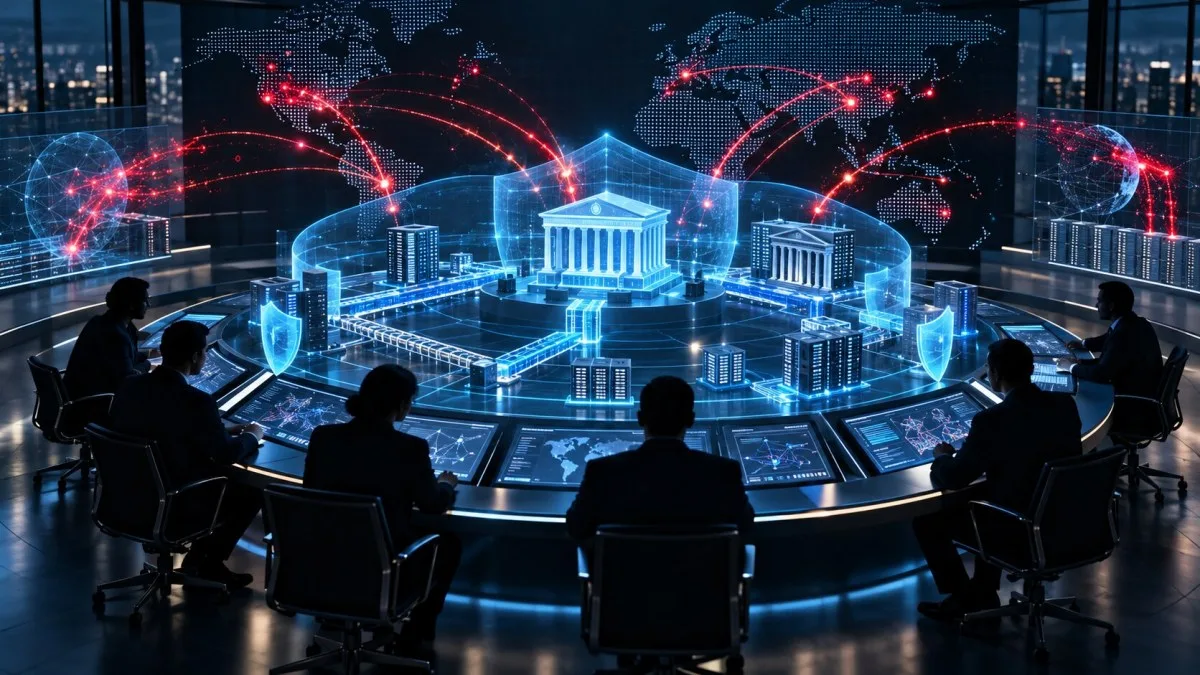 AI-generated conceptual image of financial authorities conducting a coordinated cyber-response exercise around protected banking and market infrastructure; it does not depict an actual G7 meeting or cyberattack.