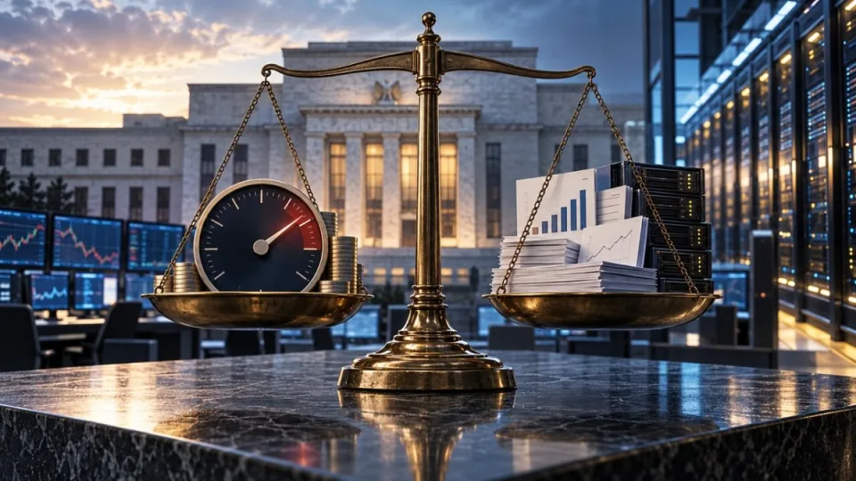 AI-generated conceptual illustration balancing Federal Reserve rate policy against technology earnings reports and data-center investment