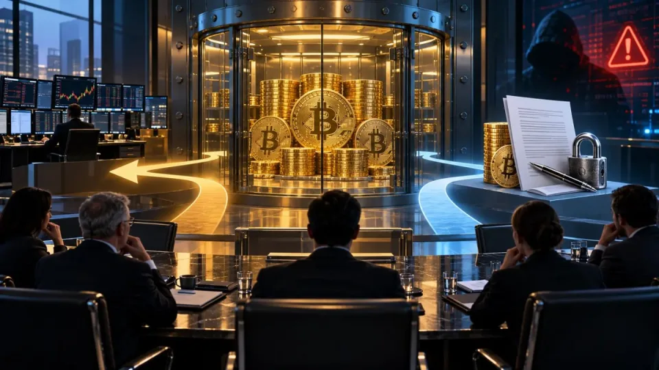 Conceptual illustration of a corporate Bitcoin vault with separate paths toward an orderly market sale and secured financing.