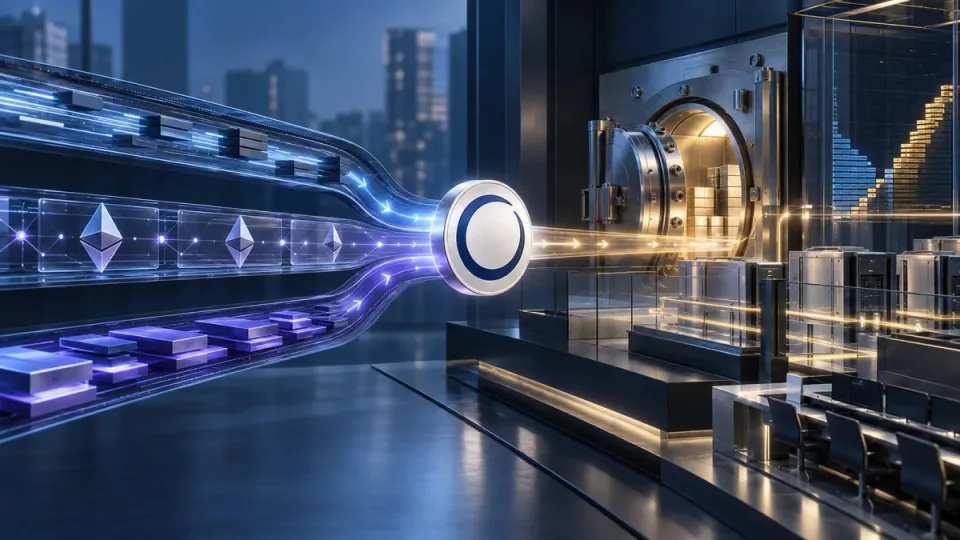 AI-generated conceptual image of a regulated digital dollar moving over three secure blockchain rails into an institutional trading and custody vault.