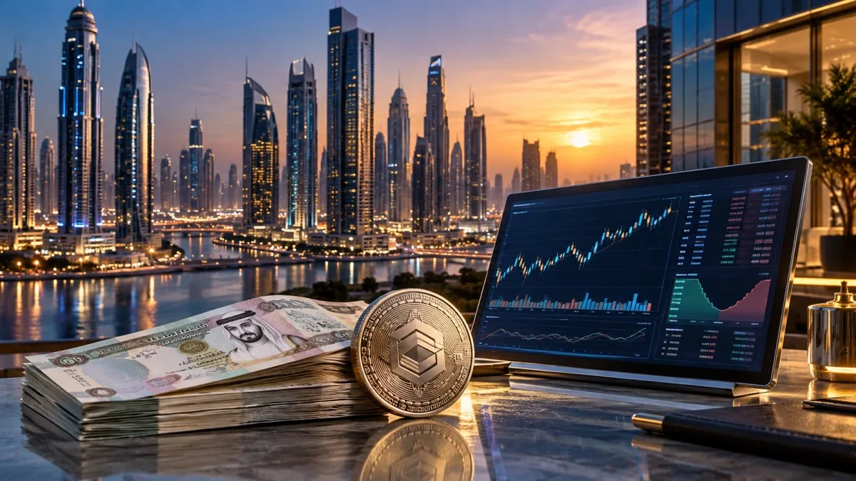 Conceptual editorial image of UAE dirham funding, a digital asset and an institutional trading screen against a Dubai financial skyline