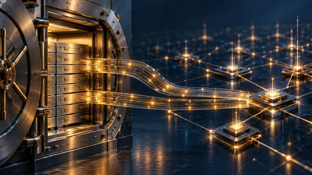 AI-generated conceptual illustration of a bank deposit vault connected by lighted pathways to a public blockchain settlement grid.