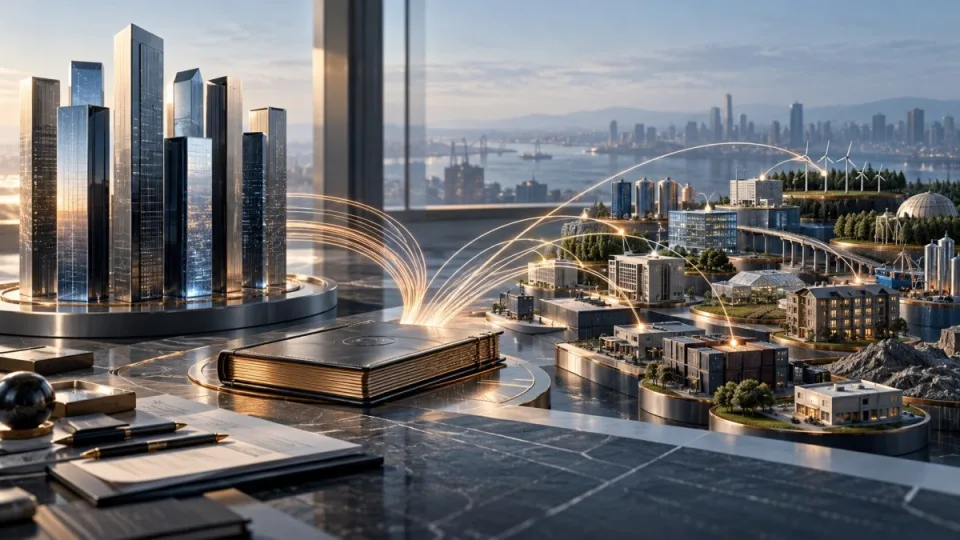 AI-generated conceptual illustration of capital moving from seven concentrated glass towers into a broad portfolio of infrastructure and private enterprises.