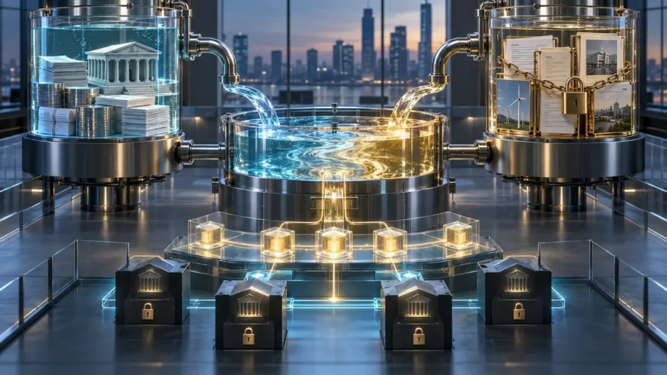 Conceptual regulated liquidity pool connecting liquid securities and locked private fund assets