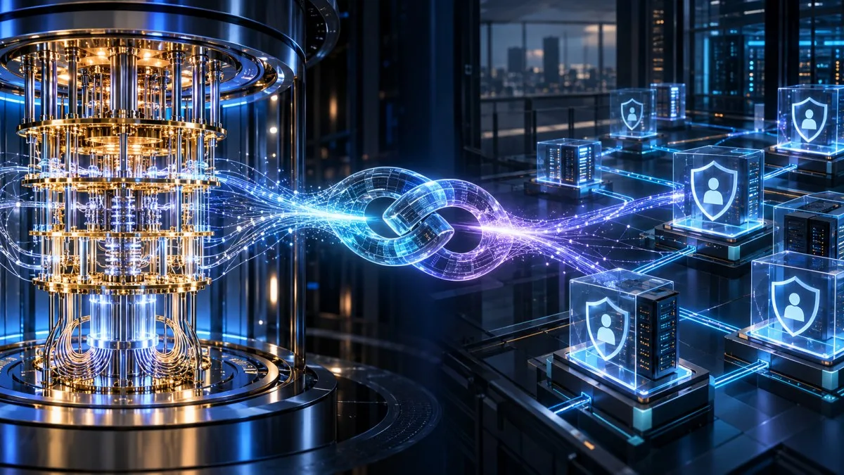 Editorial illustration of a quantum computer linking with a segmented Zero Trust enterprise network.