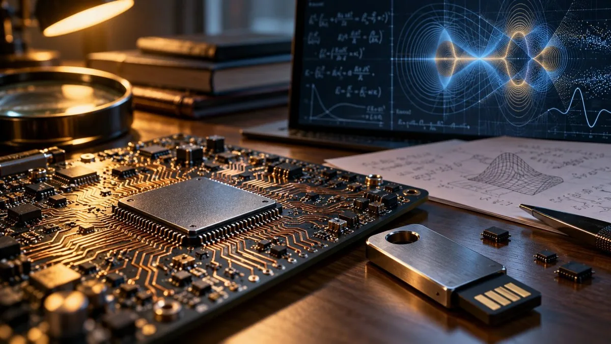 AI-generated conceptual illustration of a cryptography workbench with a silicon chip, hardware security key and abstract quantum patterns; not a real attack or deployed system