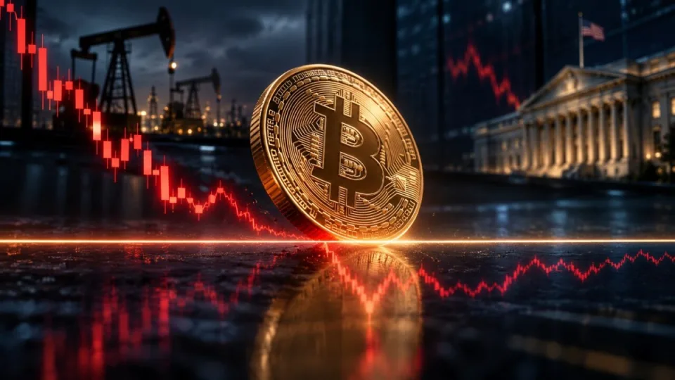 AI-generated conceptual illustration of Bitcoin crossing a market threshold amid oil, Treasury and geopolitical risk signals