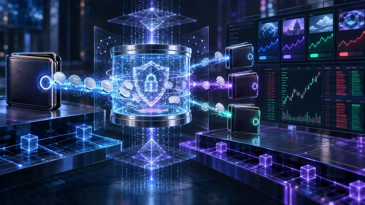 AI-generated editorial illustration of a public wallet sending digital assets through a zero-knowledge privacy pool into separate prediction-market wallets.