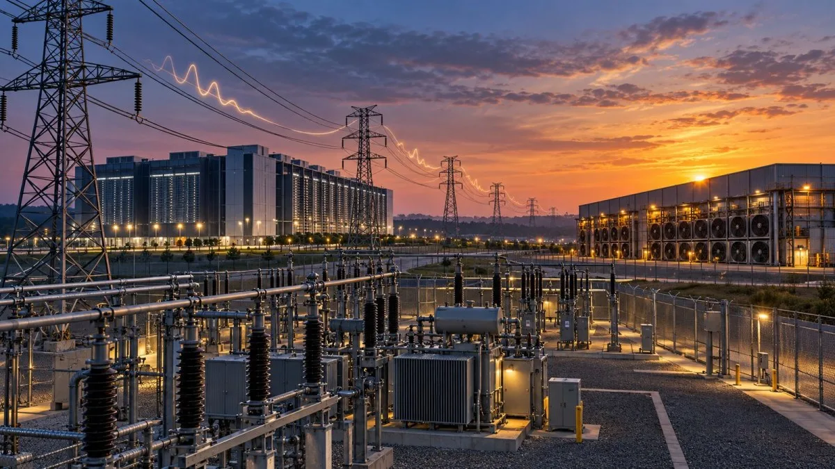 AI-generated conceptual illustration of a power substation supplying a data center and an industrial computing facility at dusk.