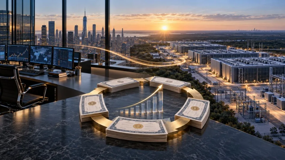 AI-generated conceptual editorial image linking an institutional trading desk, a data-center campus and a circular capital-return motif at sunrise.