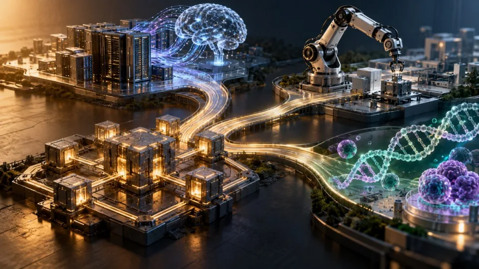 Conceptual editorial illustration of a blockchain pathway branching toward artificial intelligence, robotics and biotechnology research.