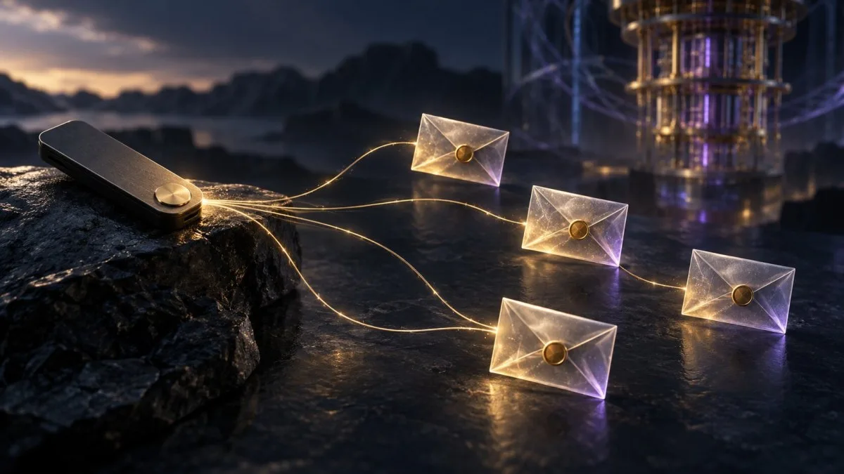 AI-generated conceptual illustration of separate sealed swap messages branching from a wallet, with an abstract quantum-computing pattern in the distance.