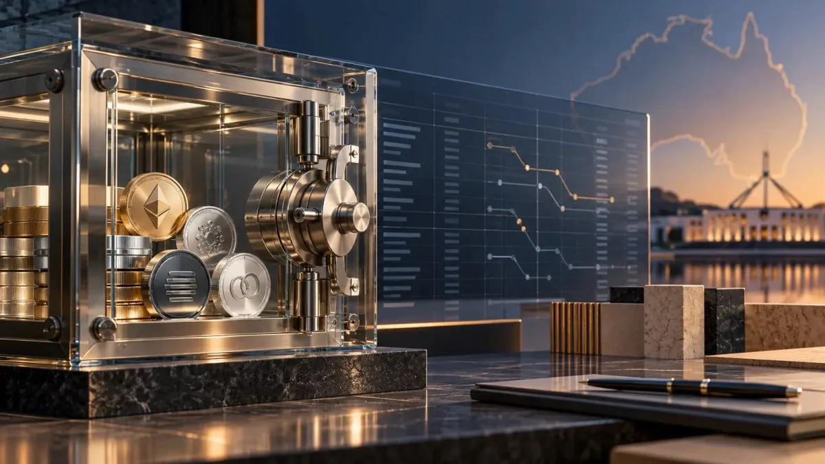 AI-generated conceptual illustration of digital tokens held in a glass custody vault beside an abstract trading ledger and outline of Australia.