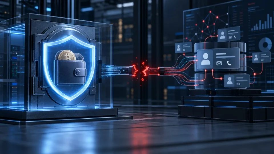 AI-generated conceptual image of a secure cryptocurrency account shield separated from an analytics data stream with a visible break in the vendor connection.