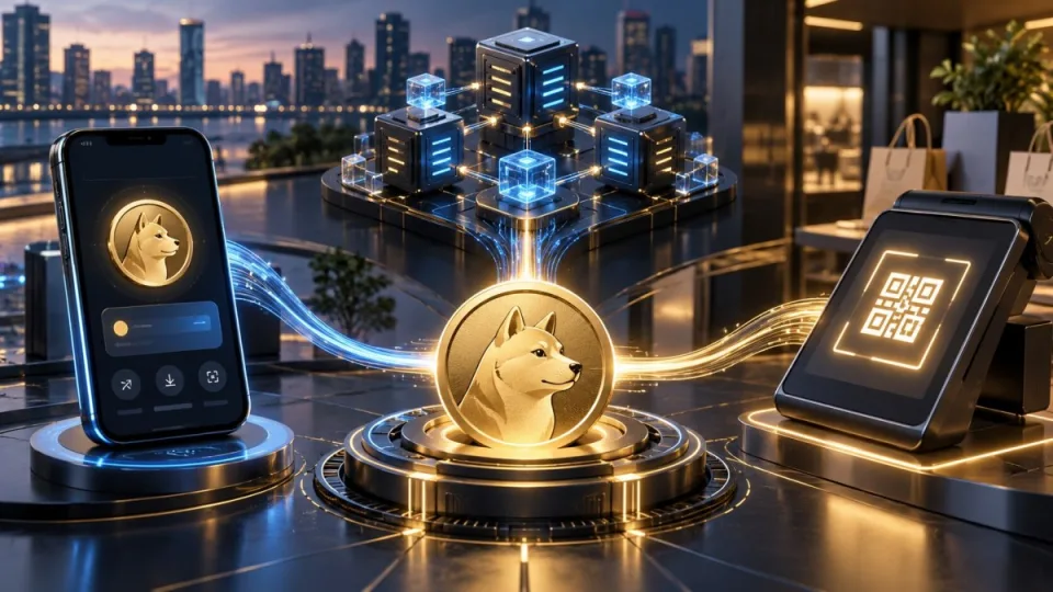 Conceptual illustration of a wallet, blockchain app nodes and merchant terminal linked through a unified Dogecoin product ecosystem.