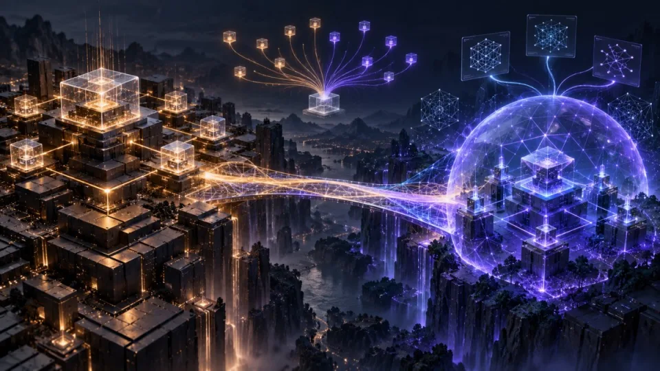Conceptual illustration of an established blockchain connected by a luminous bridge to a shielded, experimental independent network.