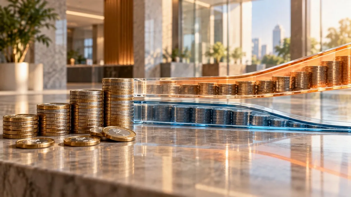 AI-generated conceptual illustration of rupee coins and contrasting lending channels in a generic banking interior; not a photograph of ICICI Bank.