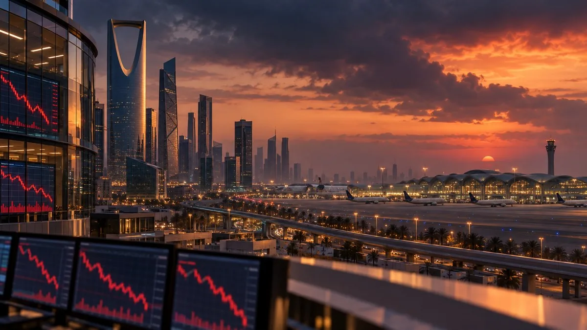 Editorial illustration of Riyadh's financial district, an airport terminal and falling market charts under a tense evening sky
