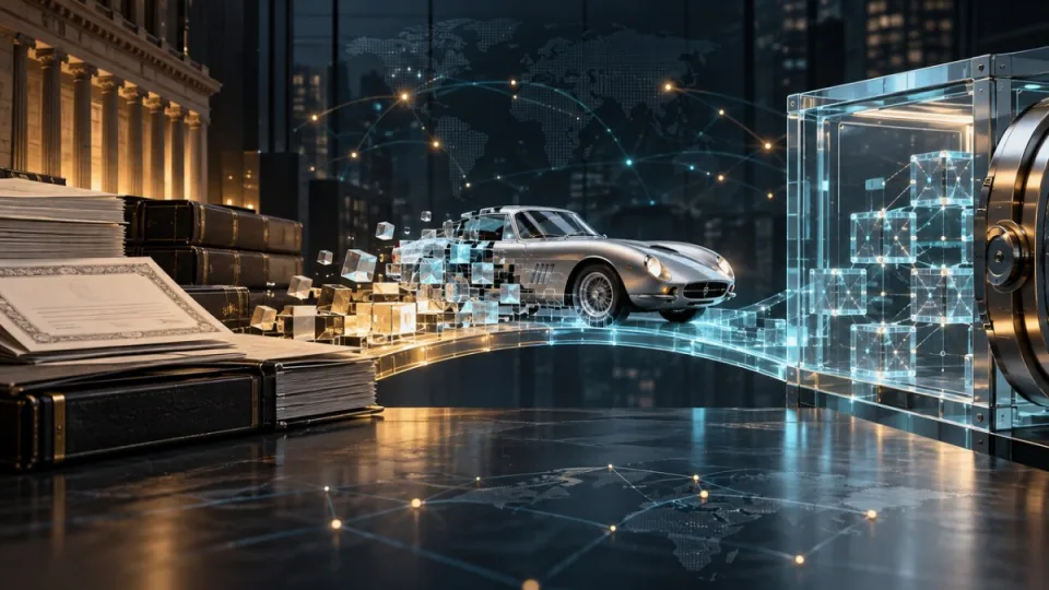 Conceptual editorial illustration of a collector car and private-credit records moving through a digital bridge into a blockchain vault