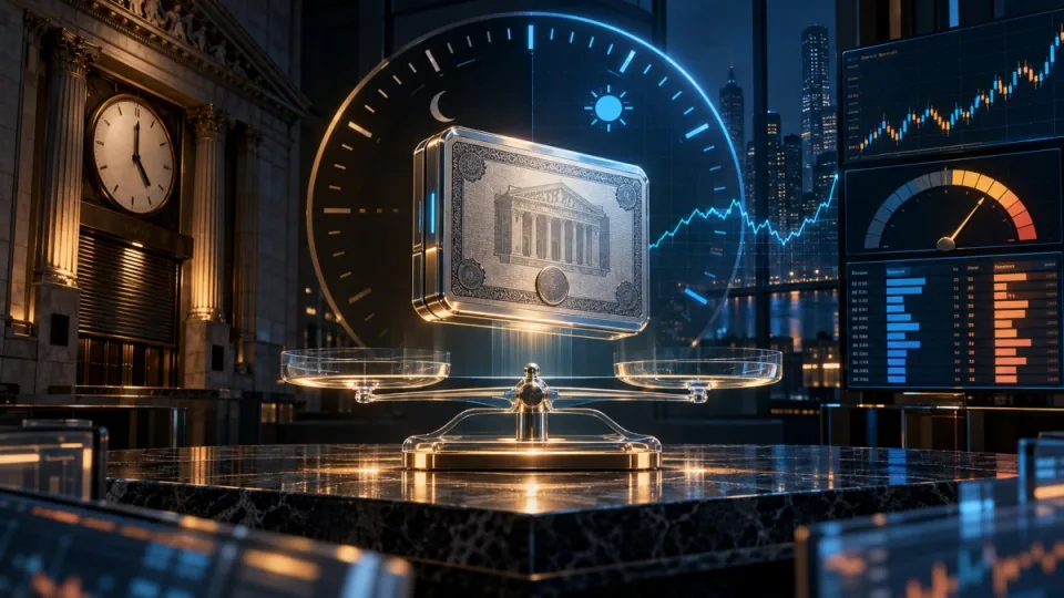 AI-generated editorial illustration of a tokenized stock certificate balanced between closed exchange hours and continuous digital collateral pricing