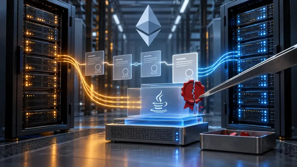 Conceptual Ethereum server racks removing a compromised certificate from a Java trust chain
