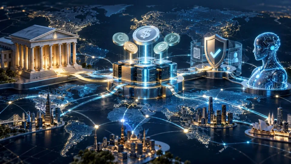 AI-generated conceptual illustration of a global payment hub connecting banks, digital currencies, compliance controls and an abstract AI agent.