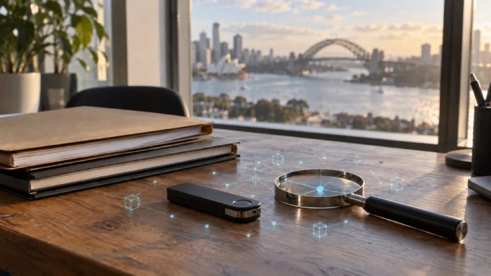 AI-generated editorial illustration of a hardware wallet and regulatory paperwork overlooking Sydney Harbour, with subtle blockchain connections.