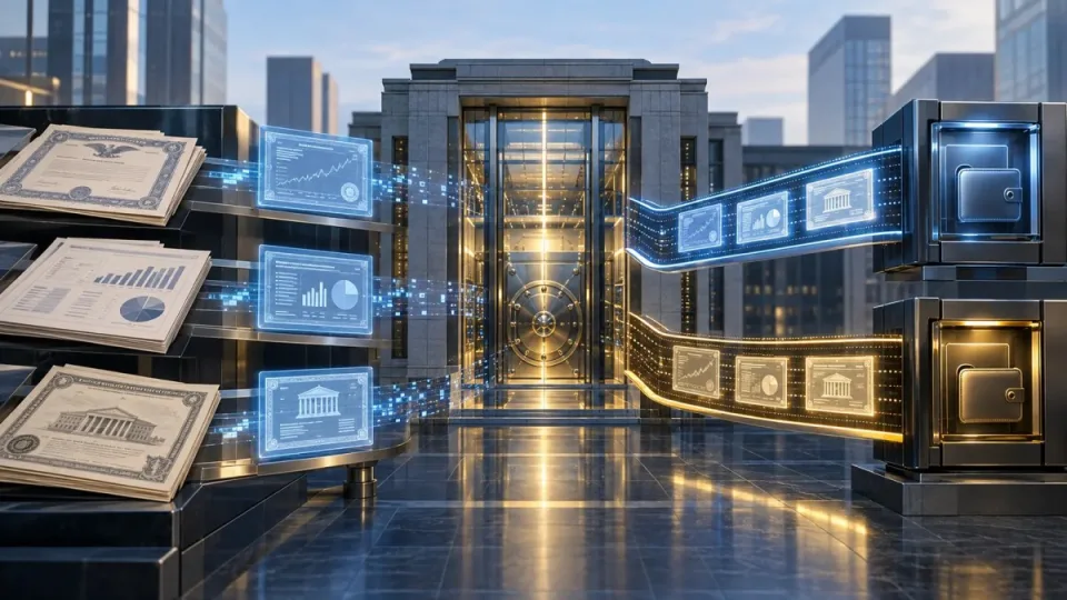 AI-generated conceptual image of regulated U.S. securities moving from a central market depository through secure digital rails to institutional wallets.