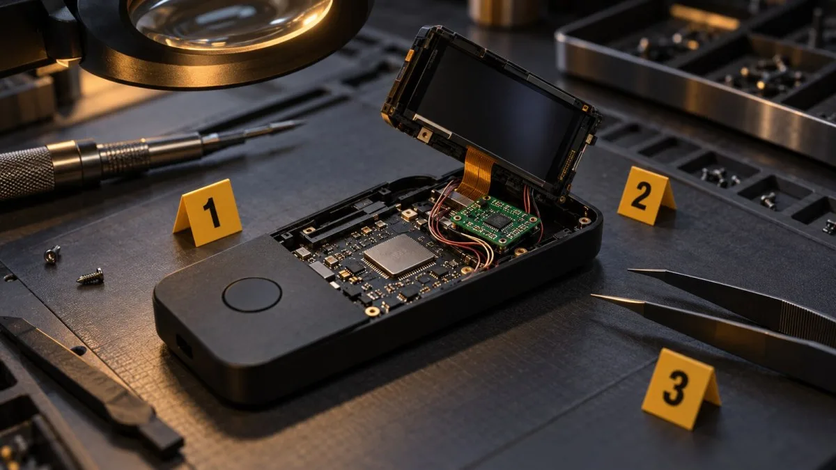 AI-generated conceptual illustration of an opened hardware wallet with an unauthorized circuit board under forensic inspection.