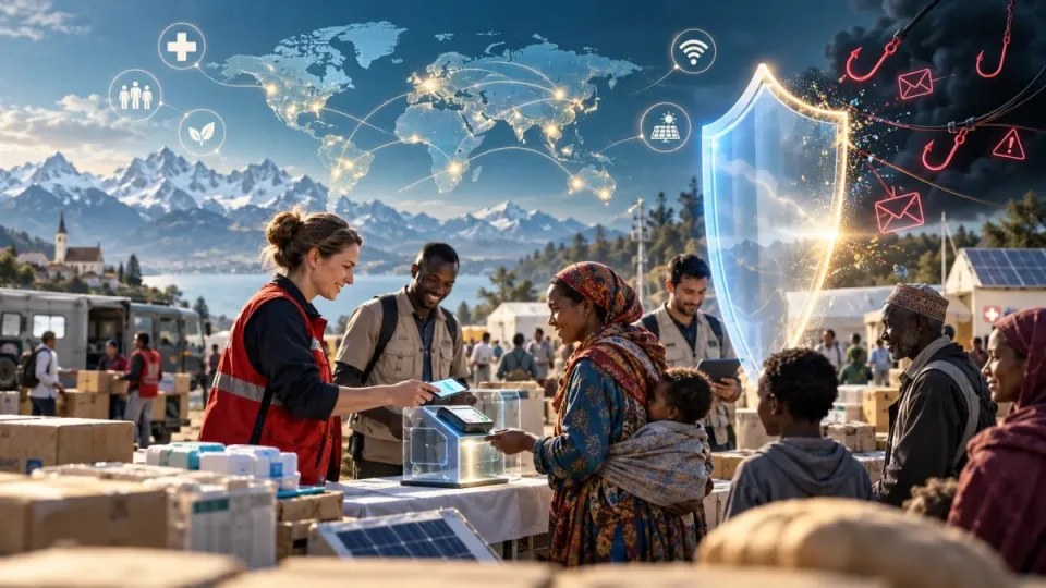 AI-generated conceptual image of humanitarian workers using secure digital payment rails while a shield blocks online scam threats.